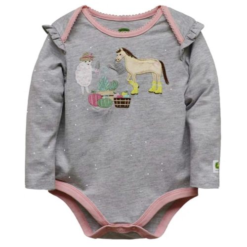 John Deere Glitter Sparkle Gray Long Sleeve Horse Sheep Friends Bodysuit Sizes 3/6, 6/9, 9/12 Months