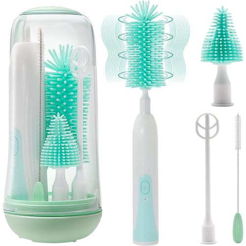 Electric Bottle Brush Cleaner, Rechargable Electric Baby Bottle Brush for Travel, Waterproof Electric Bottle Cleaner Set with Nipple & Straw Brush, Perfect Essentials Gift for Mom After Birth, Green