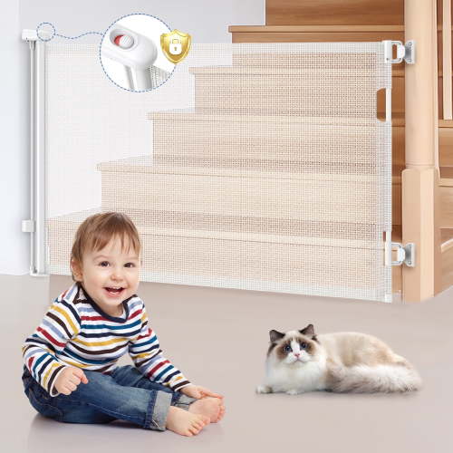 Baby Gate for Stair Doorway Retractable Dog Gate Mesh Indoor Outdoor up to 55" Wide, 33" Tall,Safety Pet Gate for Deck (Drilling& No-Drilling)-White