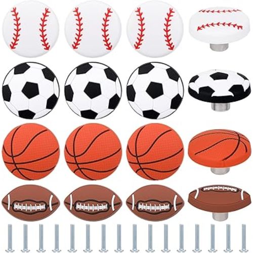 16 Pcs Sports Ball Dresser Knobs for Kids Baseball Basketball Dresser Drawer Knobs for Boys Football Soccer Dresser Knobs Hardware Drawer Pulls Handles for Cabinet Party Decor (Novel Style)