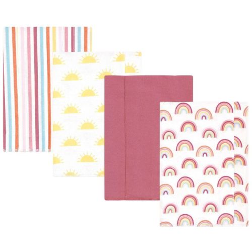 Hudson Baby Girls Cotton Flannel Burp Cloths 4-Pack, Sunshine And Rainbows, One Size