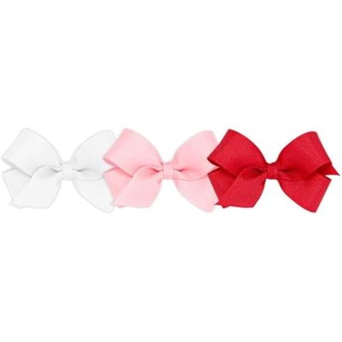 Wee Ones Girls' Mini Bow 3 pc Set Solid Grosgrain Variety Pack on a WeeStay No-Slip Hair Clip - Light Pink, Red, and White