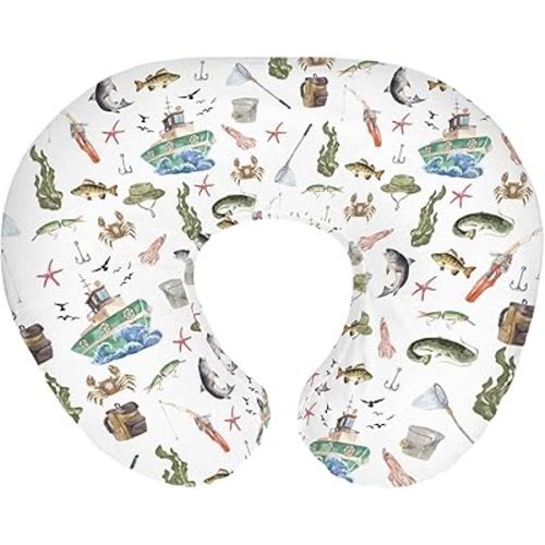Gone Fishing Baby Nursing Pillow Covers for Boy Girl Ocean Boats Fishes Crabs Seaweed Nursing Pillowcase for Breastfeeding Pillows Fishing Lovers Gift Soft Stretchy Slipcovers for Newborn Infant