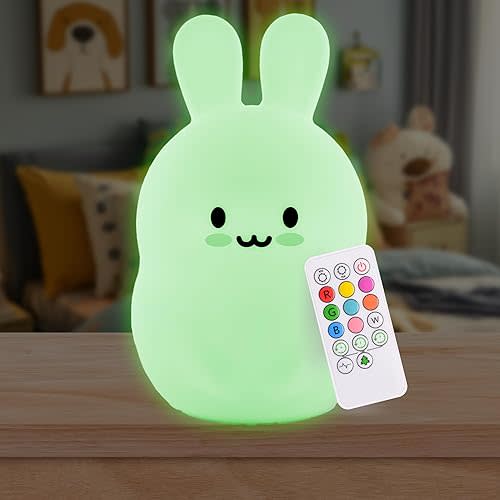 Lumipets Remote Control Silicone Night Light for Kids - Bunny Design with 9 Soft Colors & Sleep Timer - Rechargeable, Battery-Operated Lamp for Bedroom | Baby Nursery, Toddler, Girls, Boys