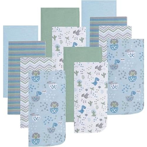 EVERYDAY KIDS 12 Pack Burp Cloths for Baby Boy; Newborn Essential with - Large Absorbent Cotton Flannel Blue/Green Burping Cloths for Babies with Baby Dinosaurs, Zig Zag and Stripe Prints and Solids