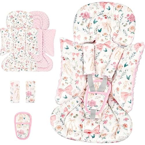3-in-1 Infant Car Seat Insert, Soft Head and Body Support,Ultra & Strap Covers Set, Reversible Newborn Car Seat Cushion Pad for Baby Boy & Girl fits Stroller, Swing, Bouncer (Pink Bow)