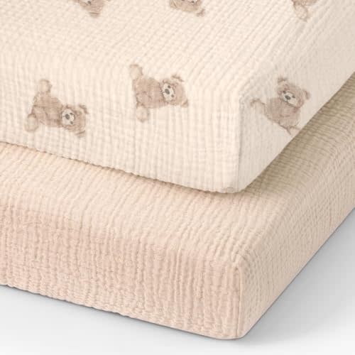 Organic Pack and Play Sheets Fitted 38”x26” 100% Muslin Cotton, Mini Crib Sheets Compatible with Graco/hiccapop/YENING/Dream On Me/Babylicious Pack N Play Mattress, Playard Bedding Sheet Bed Cover