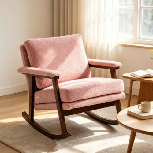 GDFStudio Ellowyn Mid Century Modern Solid Wood Upholstered Accent Rocking Chair, Light Pink