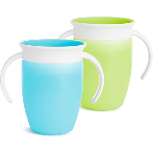 Munchkin Miracle 360 Sippy Cup for 6 Month Old, Spill Proof Baby and Toddler Cups with Transition Handles, 7 Ounce, 2 Pack, Blue/Green
