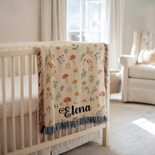 Personalized Baby Name Mushroom Blanket, Woodland Nursery Woven Throw, Fungi Botanical Blanket For Crib, Gift For Newborn Or Baby Shower