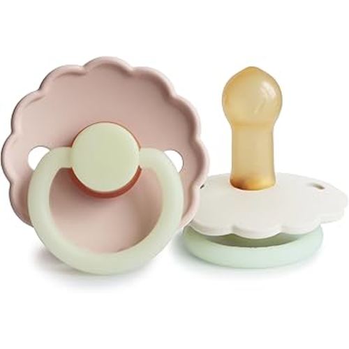 FRIGG Daisy Night Natural Rubber Baby Pacifier | Made in Denmark | BPA-Free (Blush/Cream, 6-18 Months) 2-Pack