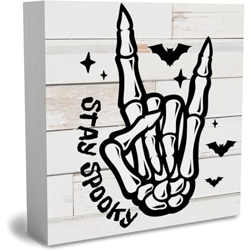 Stay Funny Spooky Halloween Wooden Box Sign Cute Bat Fall Sign Decor Farmhouse Decorative Wood Box Sign Block Plaque for Wall Desk Home Bathroom Decoration 5 x 5 Inches