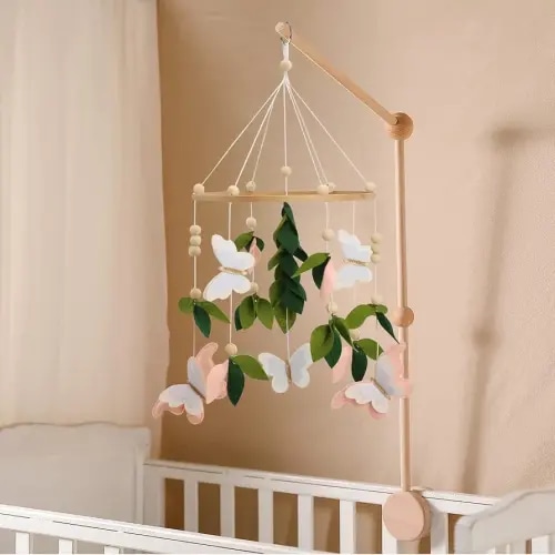 Butterfly Mobile for Crib - A Beautiful Butterfly Handmade Crib Mobile with Green Leaves, Pink, White and Gold Detail for a Nature or Wildflower Theme Nursery