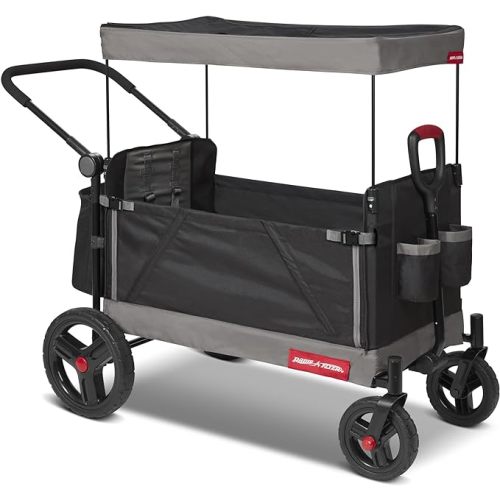 Radio Flyer Collapsible Folding Push and Pull Stroller Kids Wagon with Protective Canopy Cover and Travel Case for Ages 1 and Up, Black