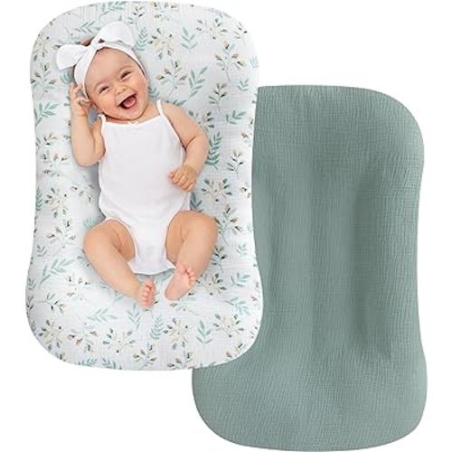 UBBCARE 2 Packs Muslin Baby Lounger Cover, Baby Nest Sleeper Cover for Baby Boys and Girls, Washable Slipcover Fit Infant Lounger, Organic Lounger Cover for Newborn - Green&Flower
