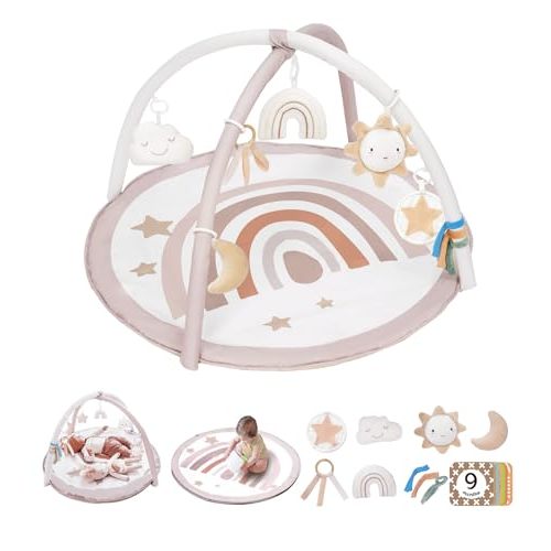 Baby Play Gym Mat, Tummy Time Activity Mat with 7 Detachable Toys and 12 Milestone Cards for Stage-Based Sensory and Motor Skill Development, Washable Play Mats for Infant, Newborn Baby Essentials