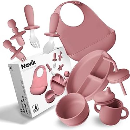 Navik Baby led weaning utensils | silicone baby feeding set | Includes baby suction plate | baby spoons self feeding 6 months | baby bib | baby bowl and sippy cup | pink