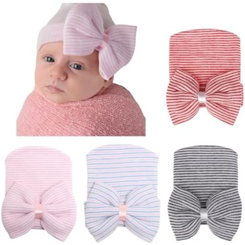 4 Pack Newborn Baby Hats Toddler Infant Hat with Bow No Scratch Cotton Beanie Caps Soft Newborn Hospital Hat 0-3 Months