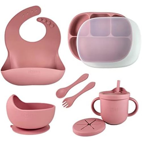 Baby Led Weaning Supplies - Complete Silicone Baby Feeding Set - Plate, Spoon, Fork, Bib, Bowl, Cup - Food Grade BPA Free - Dishwasher Safe