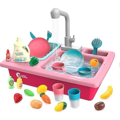 CUTE STONE Color Changing Play Kitchen Sink Toys, Children Electric Dishwasher Playing Toy with Running Water,Upgraded Real Faucet and Play Dishes,Pretend Role Play Toys for Kids Boys Girls