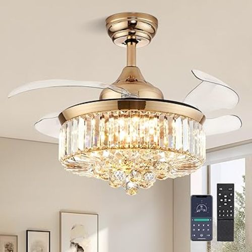 CROSSIO Modern Crystal Ceiling Fan Light Reversible Fandelier LED Dimmable Gold Retractable Fan Chandelier with Remote for Bedroom Living Room 36 inches
