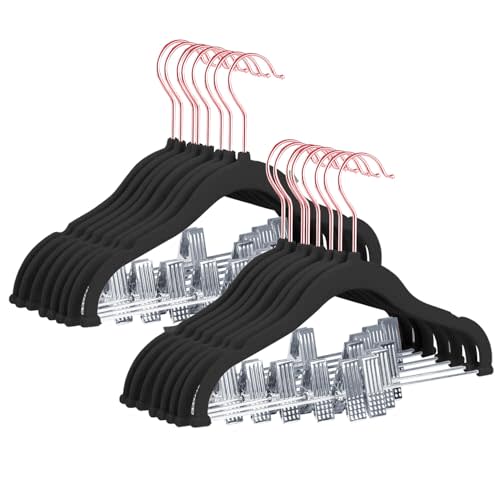 Stormix Baby Hangers - 24 Pack Non-Slip Heavy-Duty Kids Hangers with Clips - Black (Rose Gold Hook) for Shirts, Pants, Skirts, Dresses, Jackets, Coats