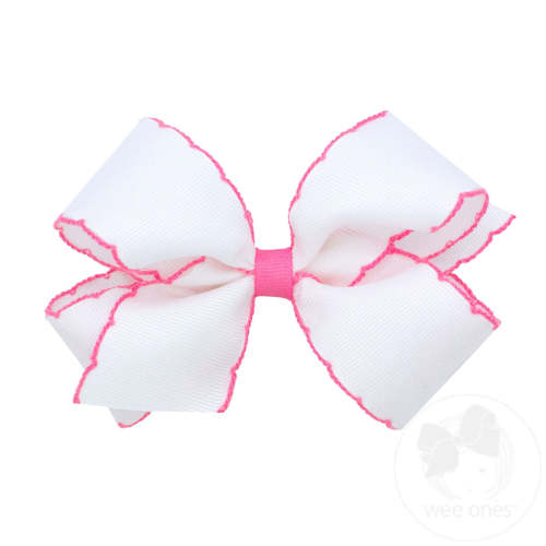 Medium Moonstitch Grosgrain Hair Bow with Contrasting Wrap White w/ Hot Pink