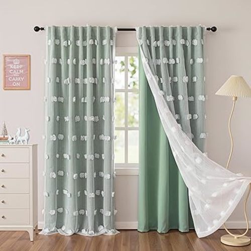 MYSKY HOME Green Blackout Curtains 84 Inches Long for Living Room Decor Kids Curtains for Boys Bedroom Double Layer Drapes White Pom Pom Sheer Back Tab Room Darkening, Aqua, 52 x 84 Inch 2 Panels