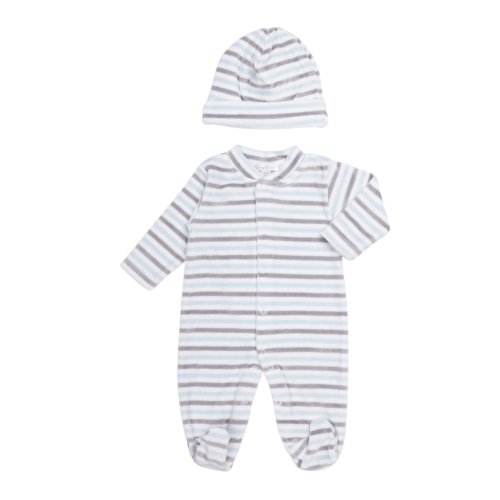Blue Stripe Velour Footie & Hat Set