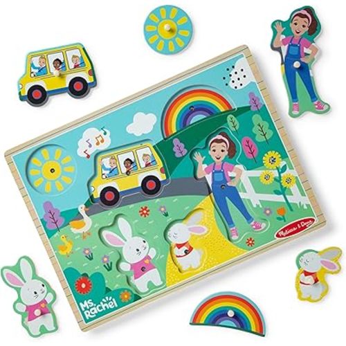 Melissa & Doug Ms. Rachel Wooden Song Peg Puzzle, Light Activated, 6-Piece with Full Songs, Toddler Toys for Boys and Girls Ages 2-5+ Years - FSC Certified