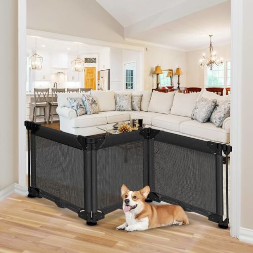 24" Tall Step Over Freestanding Dog Gate with Strong Suction Cup 3 Panel 60" Wide Punch Free Toddler Gate for Doorway 6 Ft Baby Proofing Pet Gate for Dog Indoor Mesh Baby Gates for Doorway No Drilling