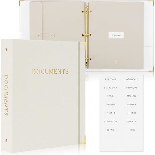 Important Document Organizer Set with Folders - Complete Linen Ring Binder Set Safely Stores All Documents & Files in One Place - Easy to Use Expanding Storage Incl. Envelopes, Pockets & Labels