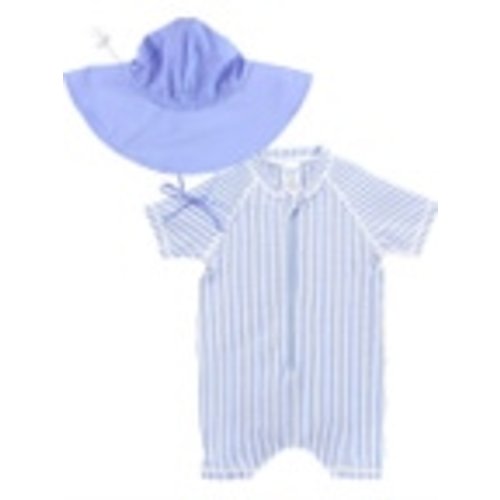 Periwinkle Seersucker Short Sleeve One Piece Rash Guard & Periwinkle Sun Hat Set