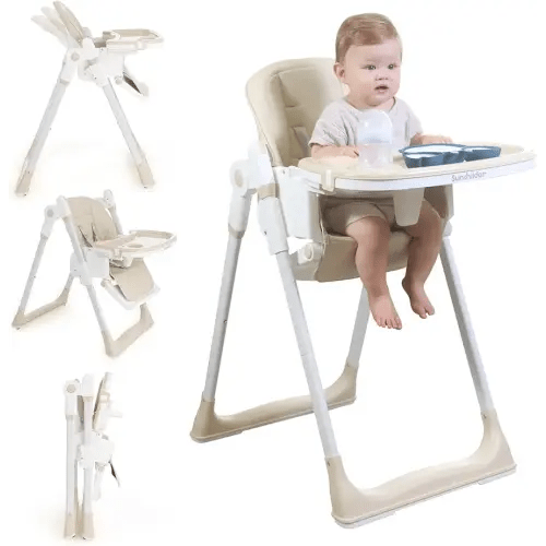 3 in 1 Baby High Chair with Wheels, Adjustable 5 Point Harness, Tray, Foot Rest, Backrest and Seat Height, Foldable High Chair for Toddlers, Beige