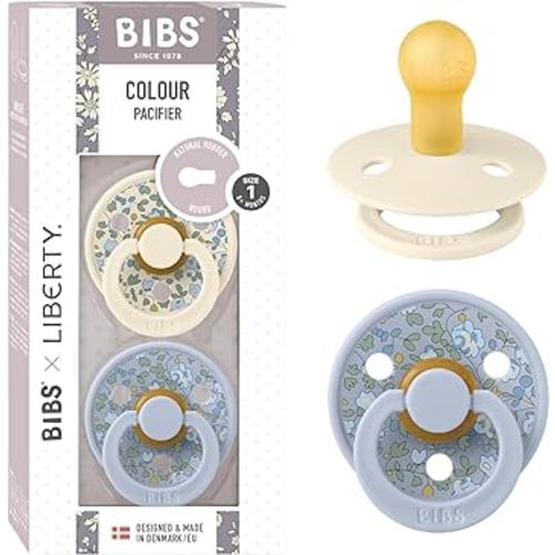 BIBS Colour Liberty Soother 2-Pack, BPA Free Dummy Pacifier, Round Nipple. Natural Rubber Latex, Made in Denmark, Size 1 (0-6 Months), Eloise Dusty Blue