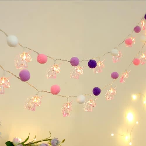 9.85FT Unicorn Decor String Lights with 20 Cute Pompoms 20 Pink Unicorn LED Lights Battery Operated with Timer Decor for Kids Bedroom Birthday Party Kids Playhouse Christmas Home Room Decorations