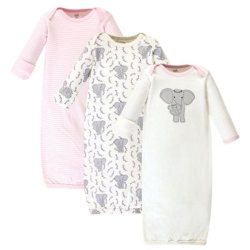 Touched by Nature Baby Girl Organic Cotton Long-Sleeve Gowns 3pk, Girl Elephant, 0-6 Months