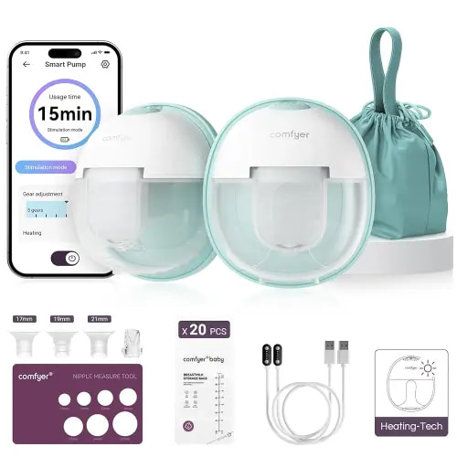 Heated Breast Pump Hands Free, Industry-Leading Heating Tech, Innovative Magnetic Charging Base, App Discreet Control, 20pcs Breastmilk Storage Bags Included, Hospital-Grade Suction, 2 Pack