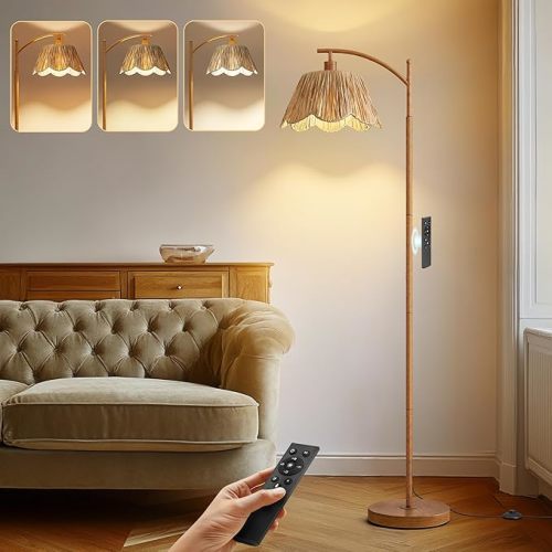 Boho Floor Lamp with Remote & Dimmable Bulb, Farmhouse Floor Lamps with 3 Color Temperatures, Rattan Floor Lamp for Bedroom, Walnut