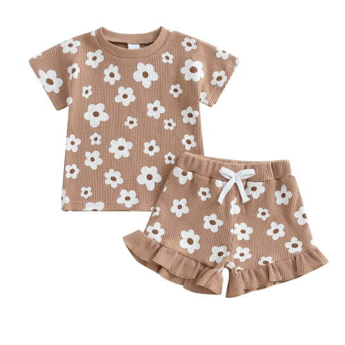 Zofedap Baby Girl Short Sleeve T Shirt and Drawstring Shorts Summer Clothing Sets Brown for 0-6 Months