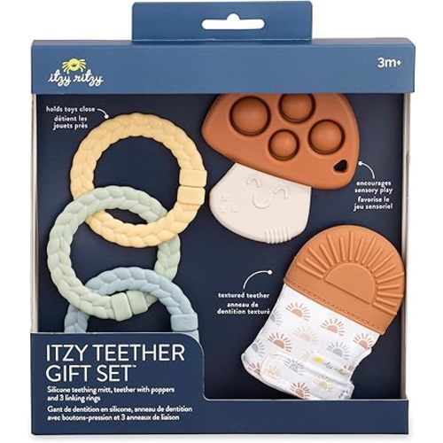 Itzy Ritzy Teething Toy Gift Set - Includes 1 Teething Mitt with Crinkle Sounds, 1 Sensory Popper Toy & 3 Textured Linking Rings - Ideal for Sensory Play, Soothing Relief and Engaging Baby