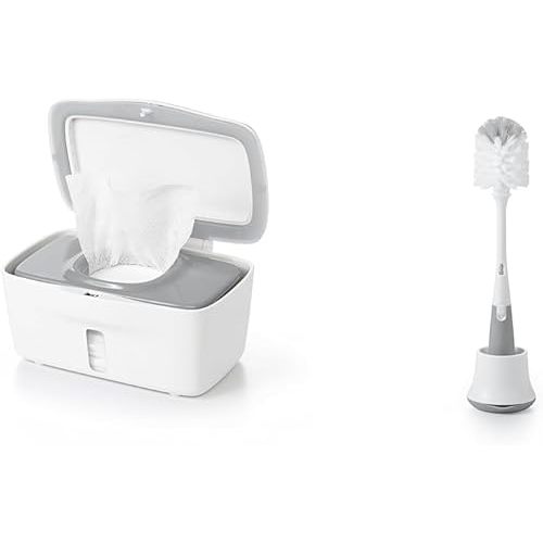 OXO Tot Perfect Pull Wipes Dispenser - Gray, 1 Count (Pack of 1) & Tot Bottle Brush with Nipple Cleaner and Stand - Gray