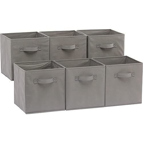 Amazon Basics Cube Organizer Storage Bins Handles, Collapsible Fabric, Pack of 6, 10.5"x10.5"x11", Gray