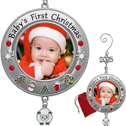 BANBERRY DESIGNS 2025 Baby's First Christmas Photo Ornament - Silver Ornament with Red Jewels and Xmas Themed Accents with S-Hook - Gift/Storage Bag Included