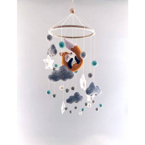 Moon and fox mobile, Woodland mobile, Girl or boy mobile, Nursery decor mobile, Star mobile, Clouds mobile, Night sky, Felt bolls mobile