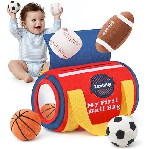 Baby Boy Toys 6-12 Months – My First Sports Bag Musical Infant Toys with 4 Sensory Balls – Basketball, Football, Baseball, Soccer – Rattle, Squeaker, Mirror for 3-6-9-12 Month Old Baby Christmas Gifts