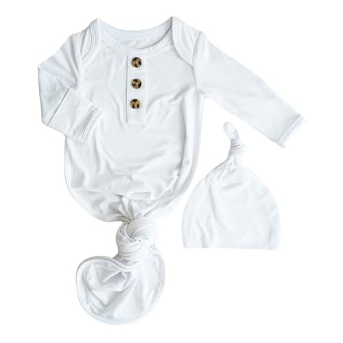 Caden Lane Newborn Knotted Gown with Hat, Soft Bamboo Viscose Baby Sleep Sack, Unisex Infant Nightgown, Breathable Sleepwear for Boys & Girls, Ideal Shower Gift or Coming Home Outfit, Lace White