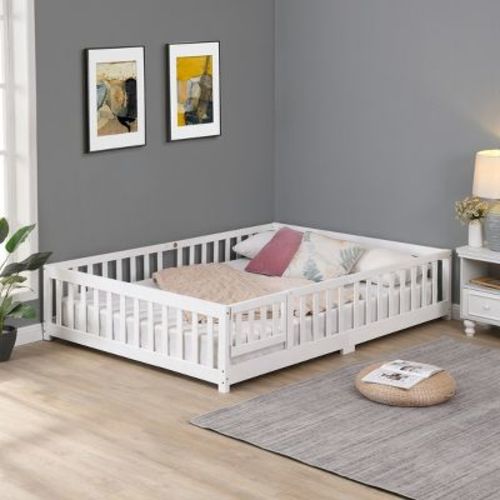 Queen Size Floor Bed with Door and Fence, Montessori Bed with Guardrails and Solid Slats, Solid Wood Platform White