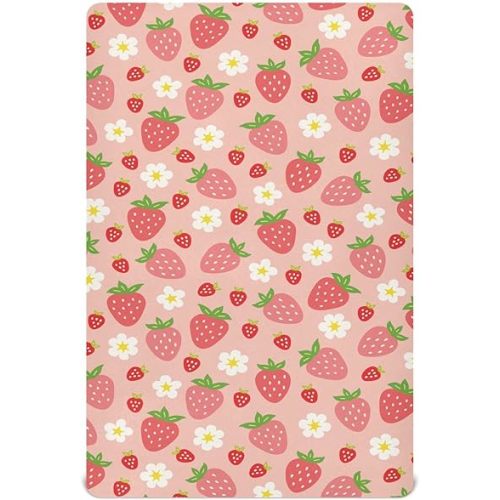 Fitted Crib Sheets Pink Strawberries Stretchy Portable Playard Sheets for Baby Toddler, Breathable Soft Mini Crib Mattress 39 x 27 in for Boys and Girls