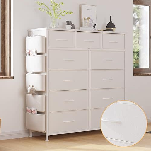 Dresser for Bedroom with 11 Drawer, Dressers & Chests of Drawers with Side Pockets, Hooks, Fabric Storage Drawer, Steel Frame, Wood Top, Organizer Unit and Pull Handle for Closet.